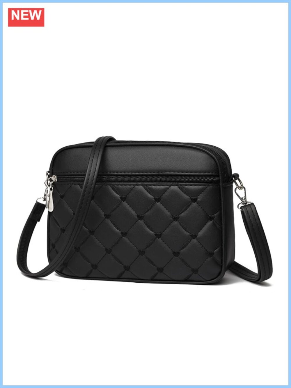 Small Quilted Vegan Leather Crossbody Bag Adjustable Guitar Strap Multi-Zip